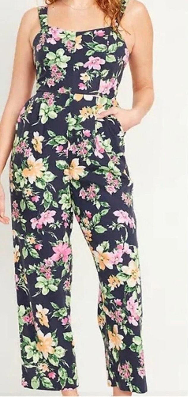Old Navy Floral Linen Blend Wide Leg Jumpsuit Navy XXL Sleeveless Smocked